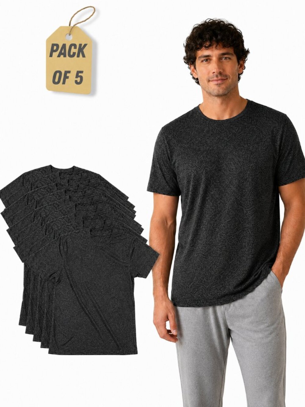 Men's 5-Pack Charcoal Heather Crew Neck T-Shirts, Plain Basic Short Sleeve Tees